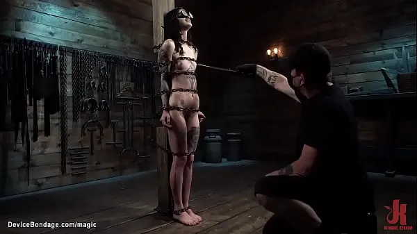 HD Bound in metal device laid on the wooden floor tattooed slave Lydia Black gets vibrated and face fucked with dildo then in pile driver pussy fucked by master The Pope أفلام جديدة